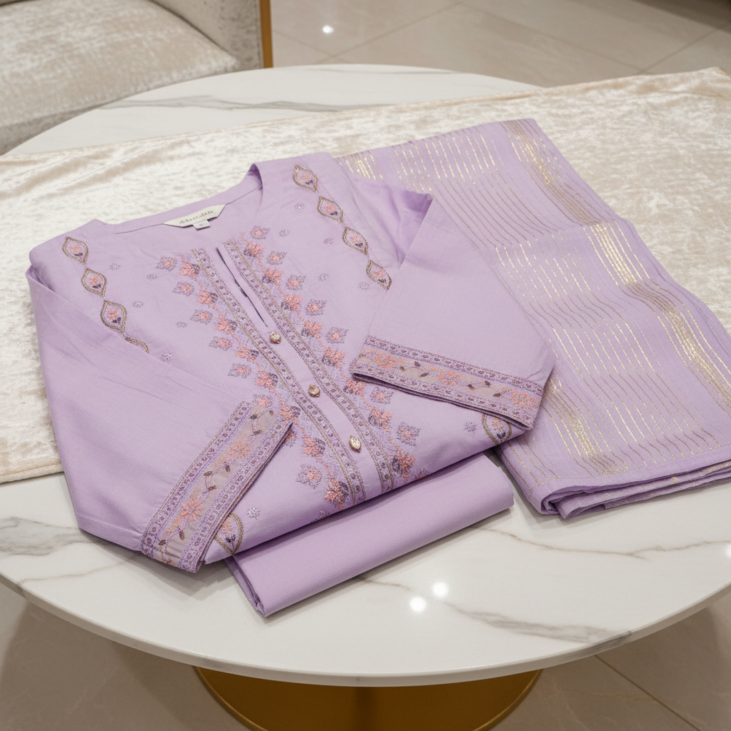 Lilac Embroidered Cotton 3 Piece Suit | Sahiba Collection